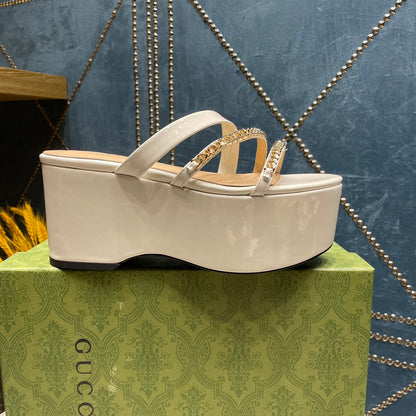 GUCCI HIGH WEDGE PLATFORM IN WHITE CALFSKIN WITH GOLD HARDWARE