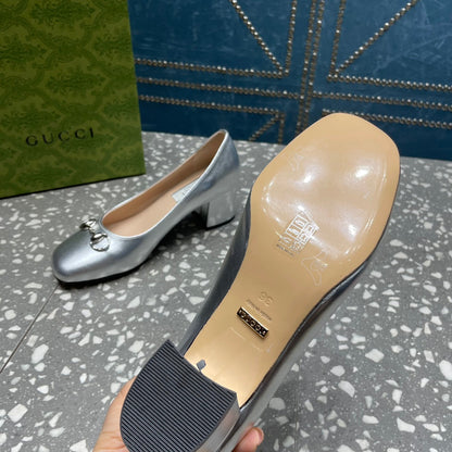 GUCCI HIGH PUMP 55MM IN SILVER SHEEPSKIN