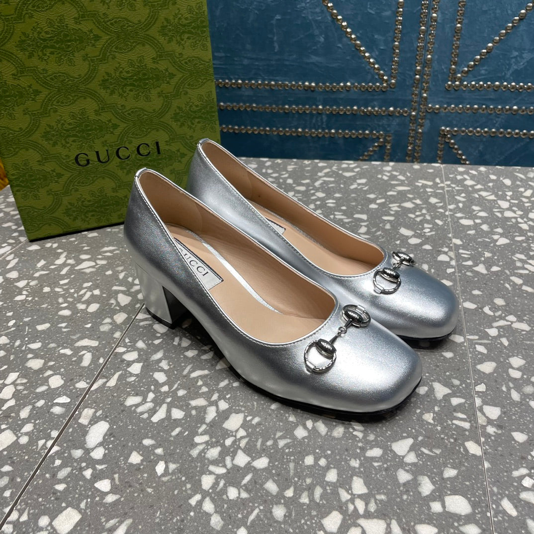 GUCCI HIGH PUMP 55MM IN SILVER SHEEPSKIN