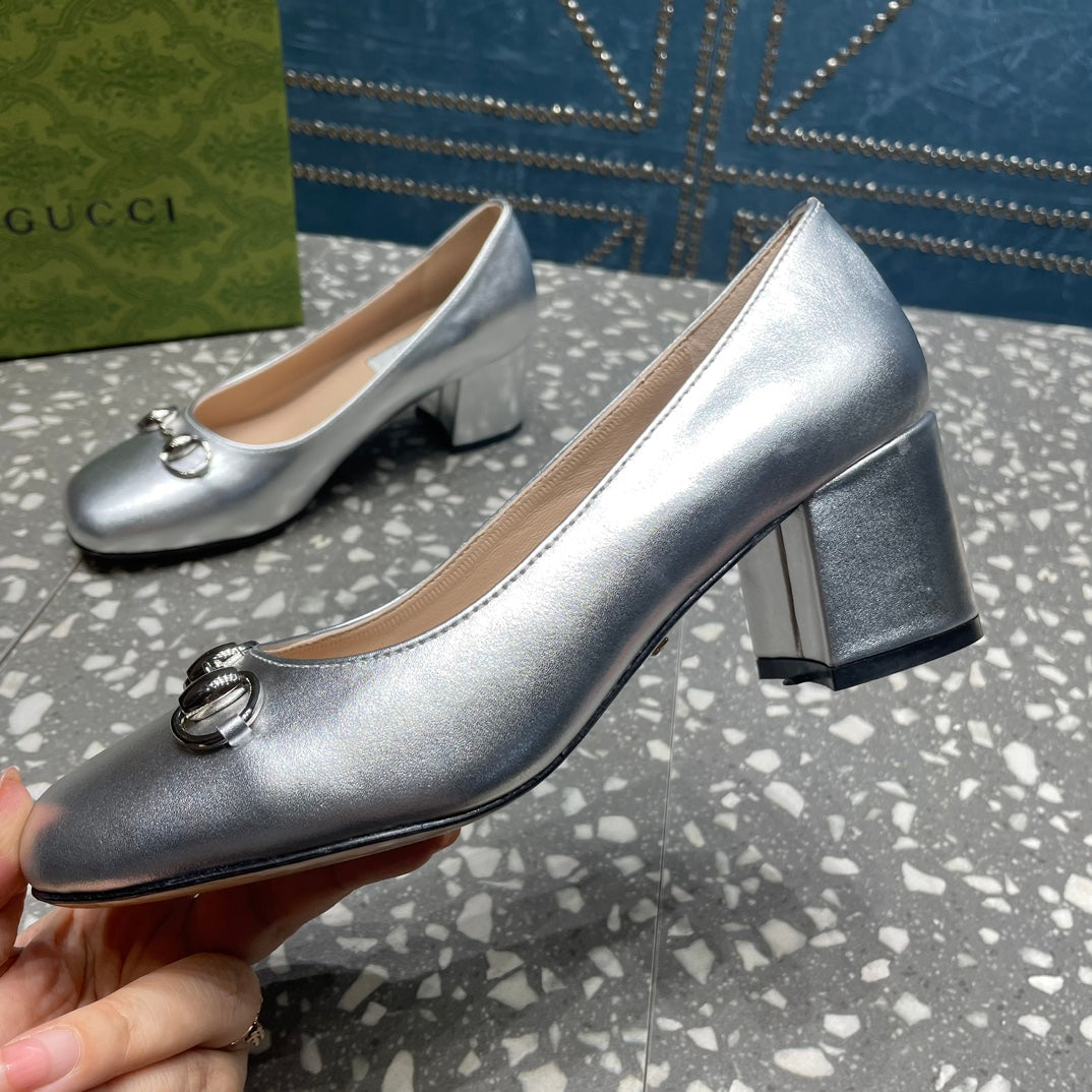 GUCCI HIGH PUMP 55MM IN SILVER SHEEPSKIN