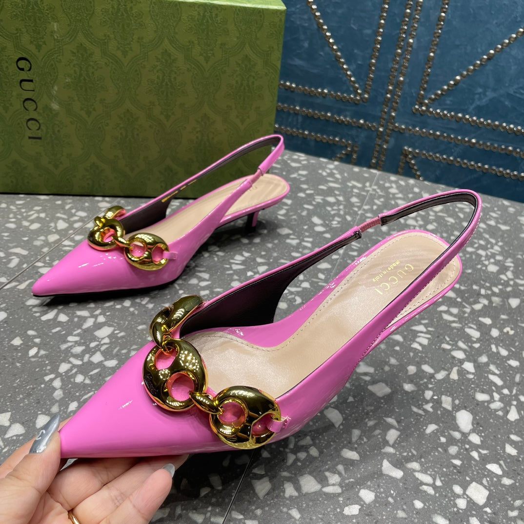 GUCCI WOMEN'S SLINGBACK 45MM IN FUSCIA PINK CALFSKIN WITH GOLD HARDWARE