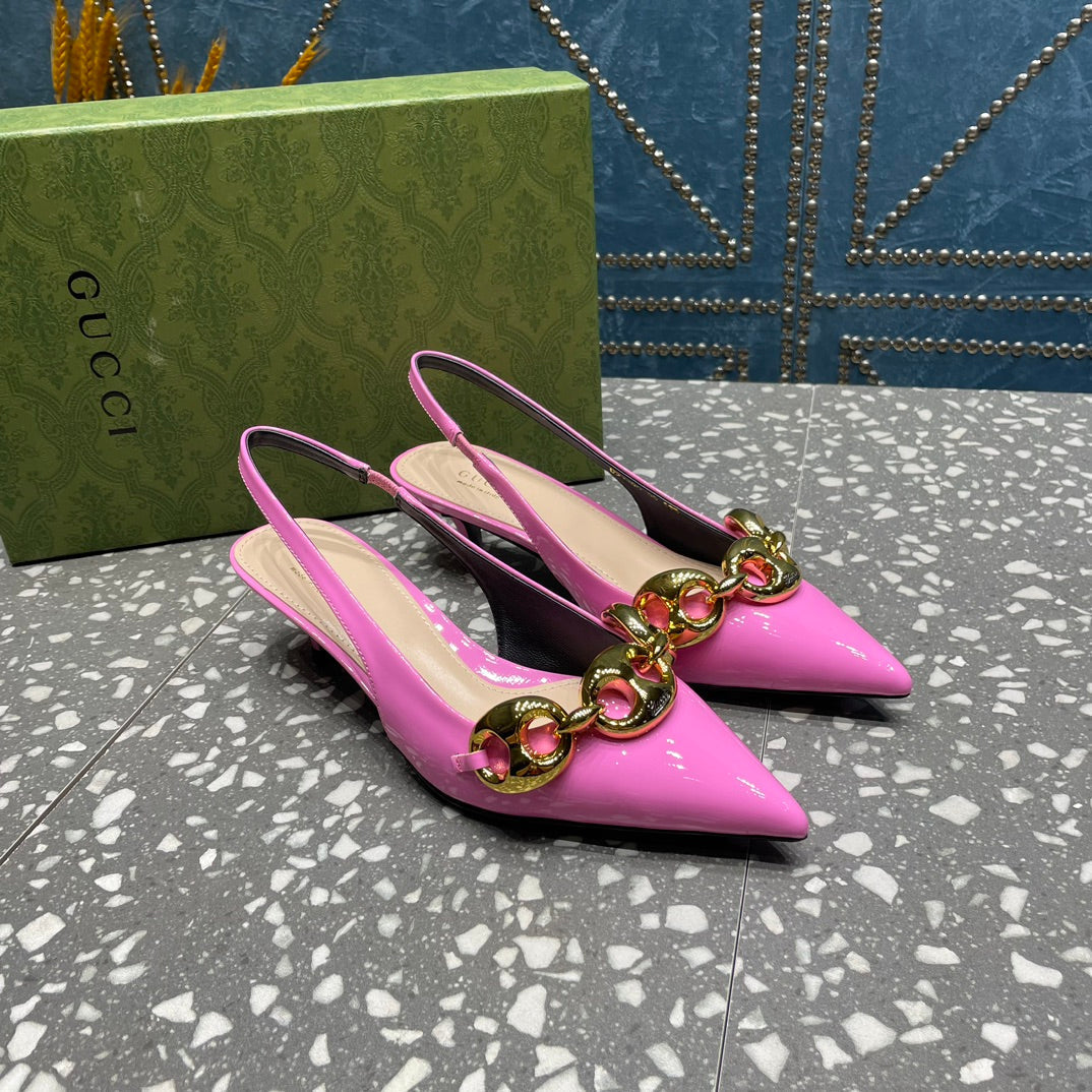 GUCCI WOMEN'S SLINGBACK 45MM IN FUSCIA PINK CALFSKIN WITH GOLD HARDWARE