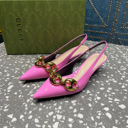GUCCI WOMEN'S SLINGBACK 45MM IN FUSCIA PINK CALFSKIN WITH GOLD HARDWARE