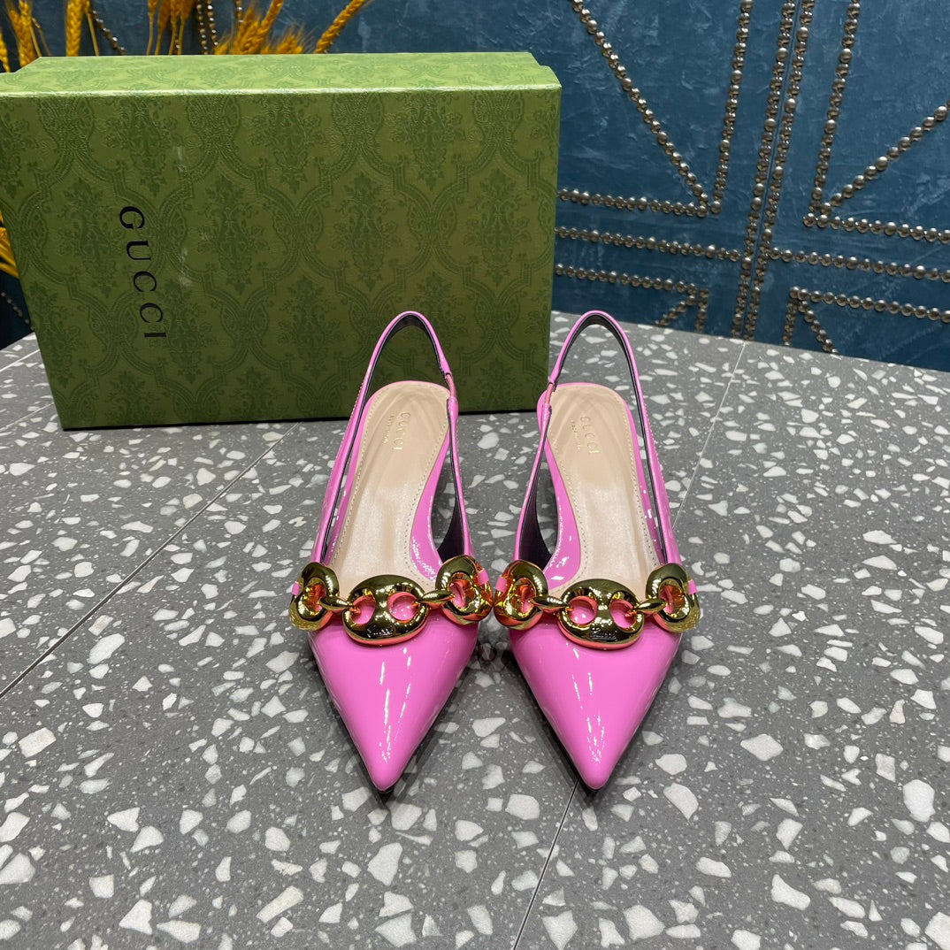 GUCCI WOMEN'S SLINGBACK 45MM IN FUSCIA PINK CALFSKIN WITH GOLD HARDWARE