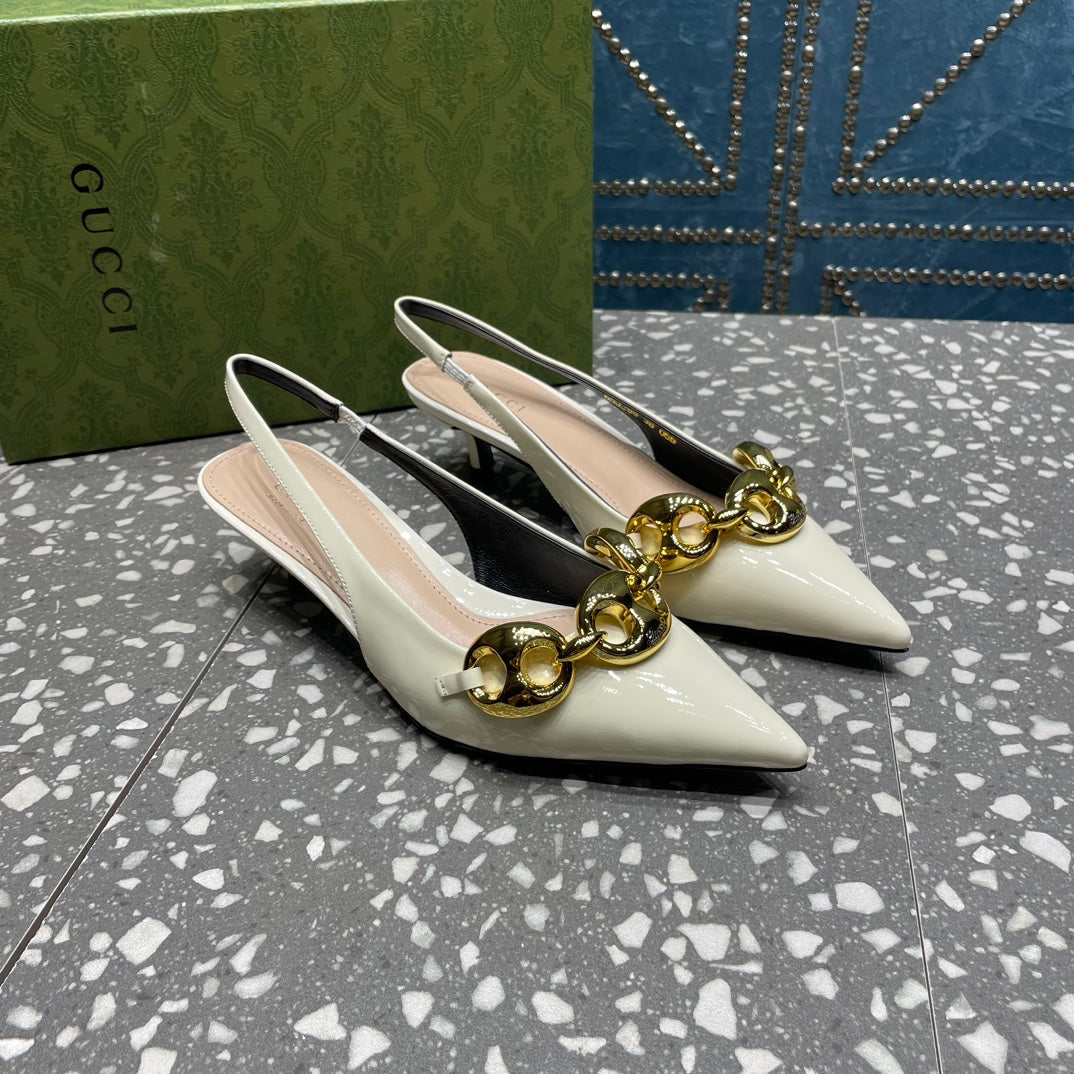 GUCCI WOMEN'S SLINGBACK 45MM IN WHITE CALFSKIN WITH GOLD HARDWARE
