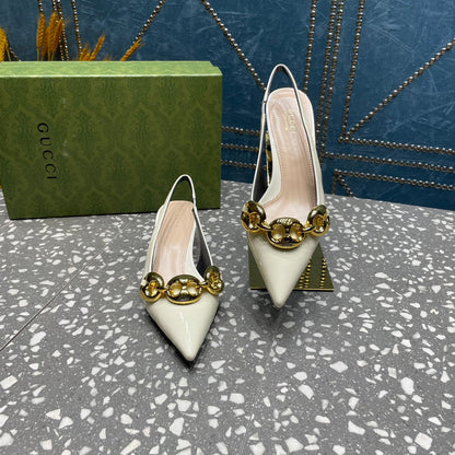 GUCCI WOMEN'S SLINGBACK 45MM IN WHITE CALFSKIN WITH GOLD HARDWARE