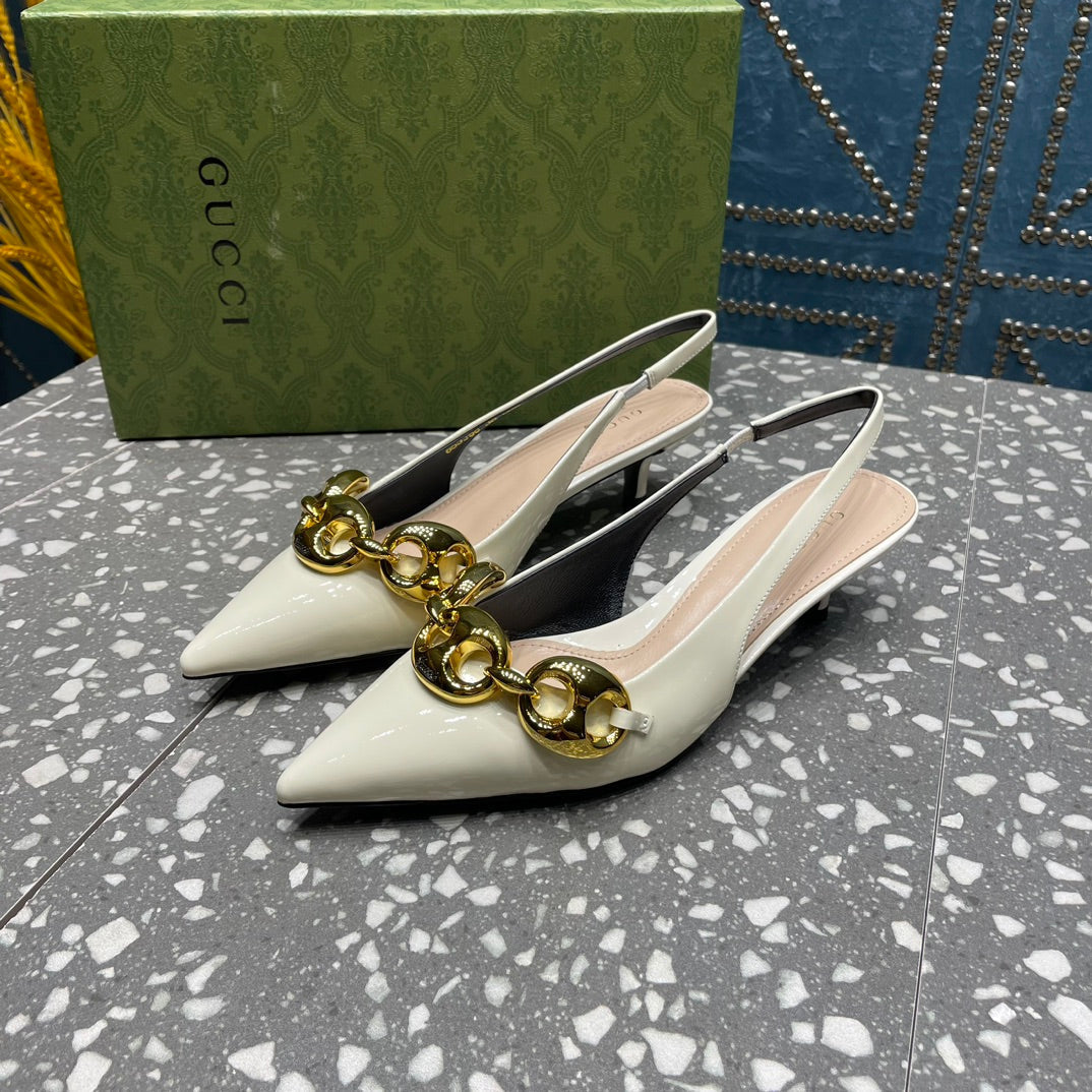 GUCCI WOMEN'S SLINGBACK 45MM IN WHITE CALFSKIN WITH GOLD HARDWARE