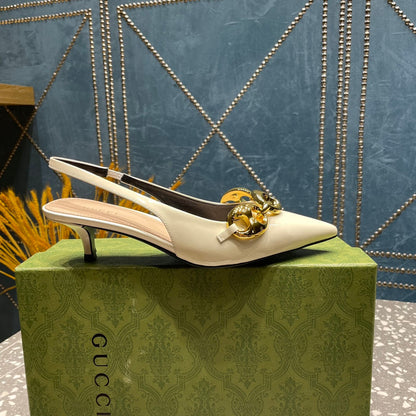 GUCCI WOMEN'S SLINGBACK 45MM IN WHITE CALFSKIN WITH GOLD HARDWARE