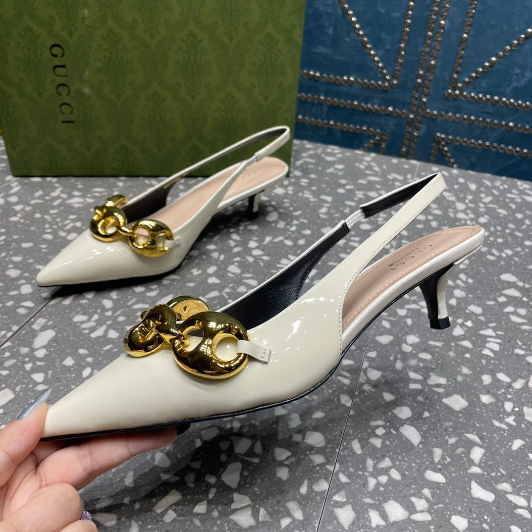 GUCCI WOMEN'S SLINGBACK 45MM IN WHITE CALFSKIN WITH GOLD HARDWARE