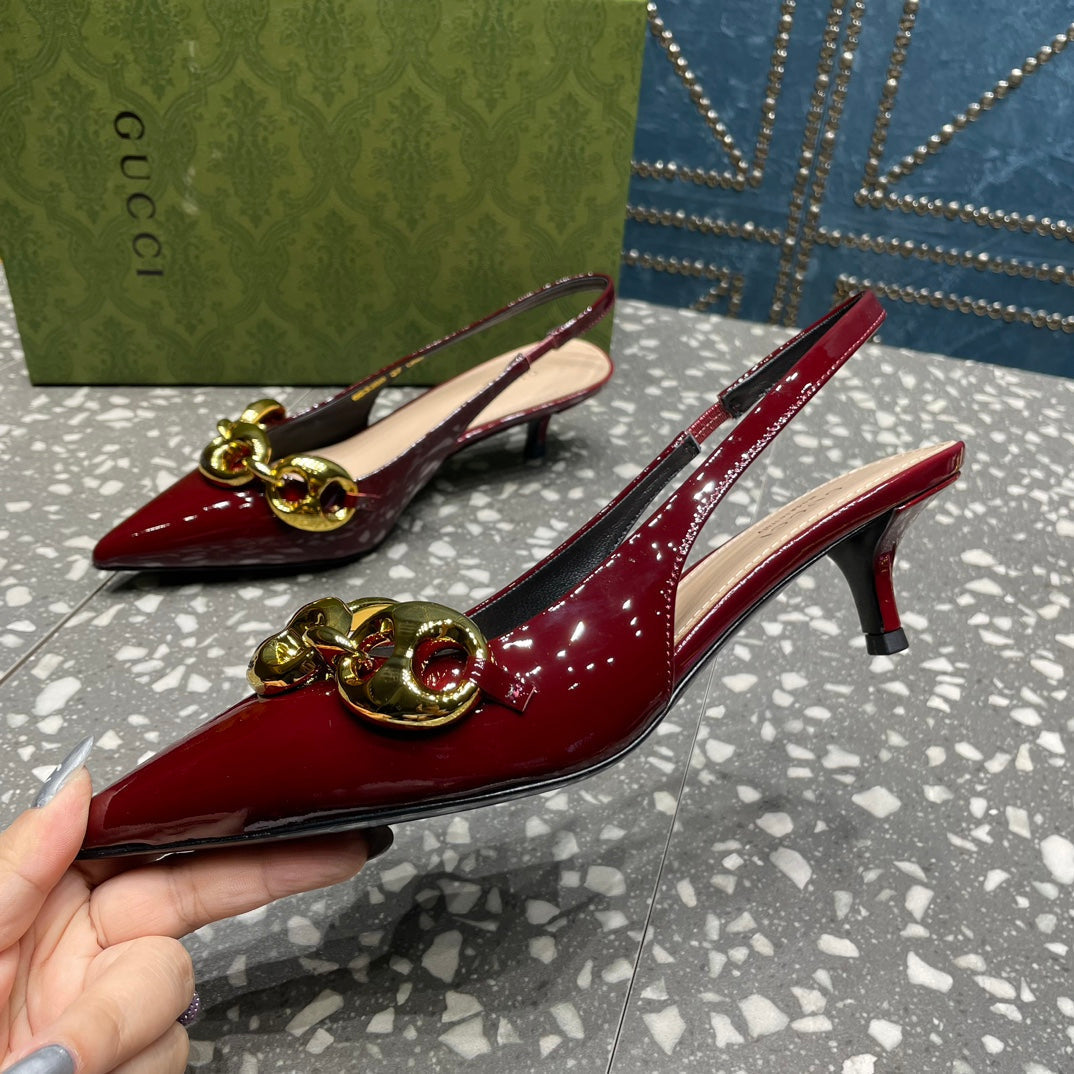 GUCCI WOMEN'S SLINGBACK 45MM IN GARNET RED CALFSKIN WITH GOLD HARDWARE