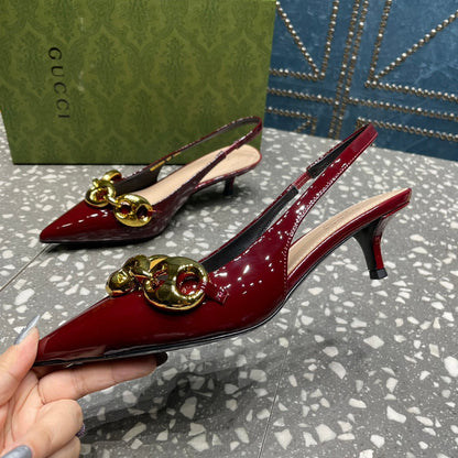 GUCCI WOMEN'S SLINGBACK 45MM IN GARNET RED CALFSKIN WITH GOLD HARDWARE