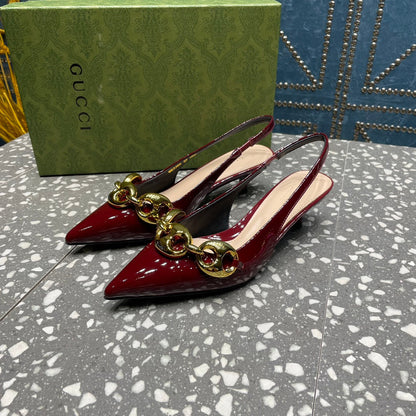 GUCCI WOMEN'S SLINGBACK 45MM IN GARNET RED CALFSKIN WITH GOLD HARDWARE