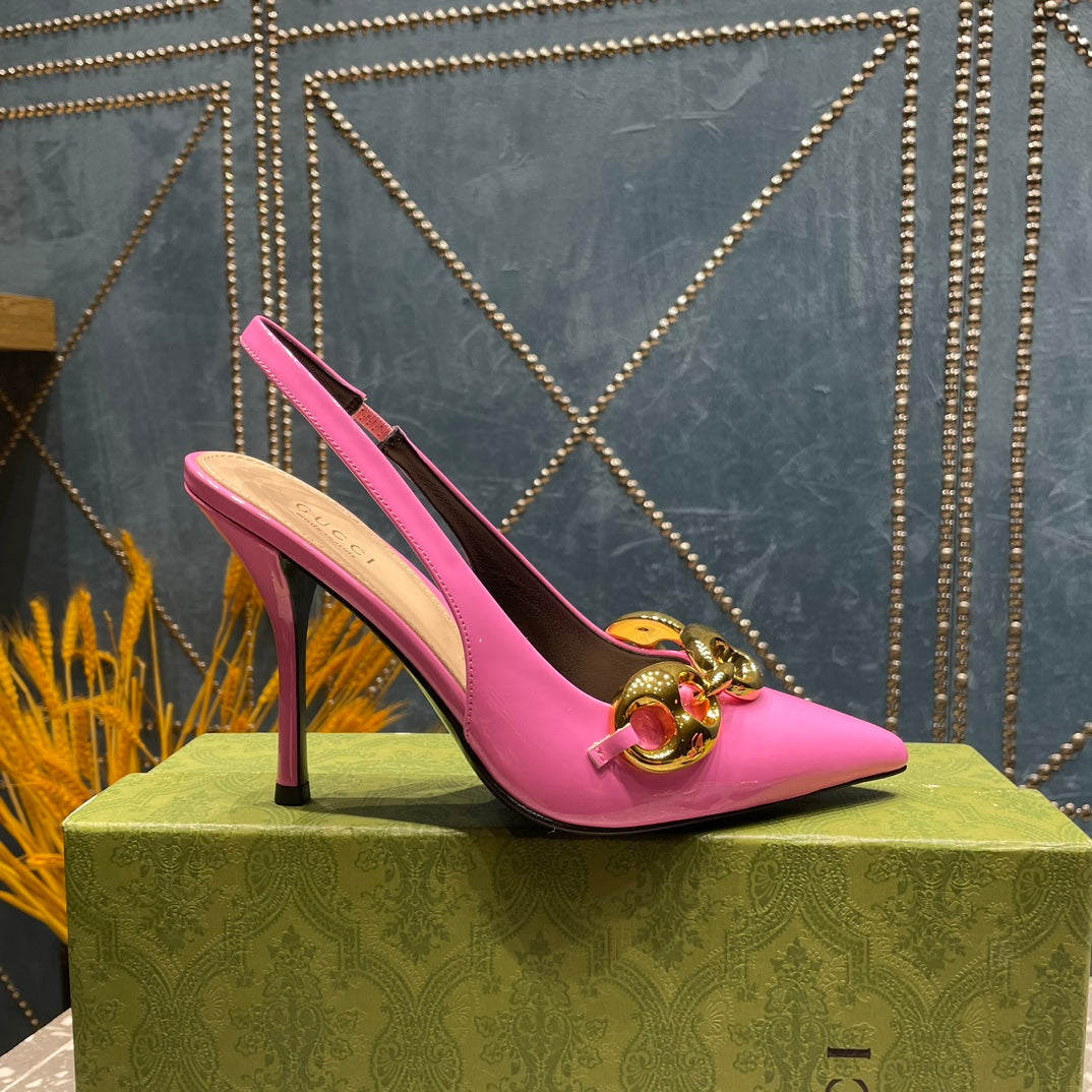 GUCCI WOMEN'S SLINGBACK 10.5 CM IN FUSCIA PINK CALFSKIN WITH GOLD HARDWARE