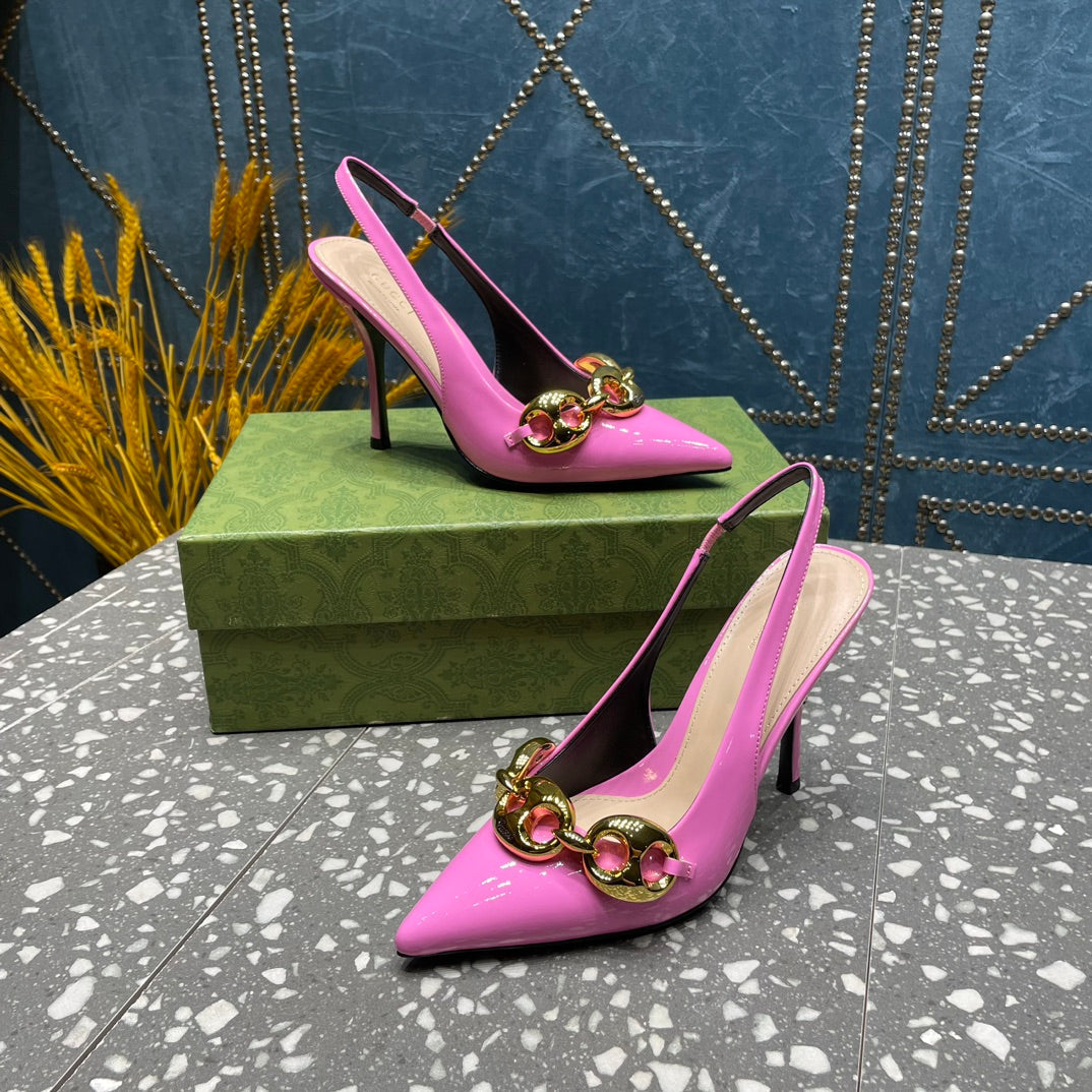 GUCCI WOMEN'S SLINGBACK 10.5 CM IN FUSCIA PINK CALFSKIN WITH GOLD HARDWARE