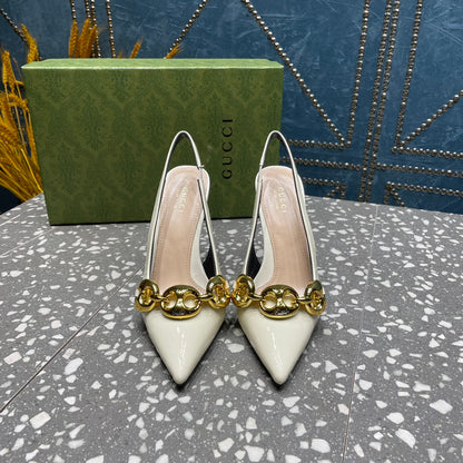 GUCCI WOMEN'S SLINGBACK 10.5 CM IN WHITE CALFSKIN WITH GOLD HARDWARE
