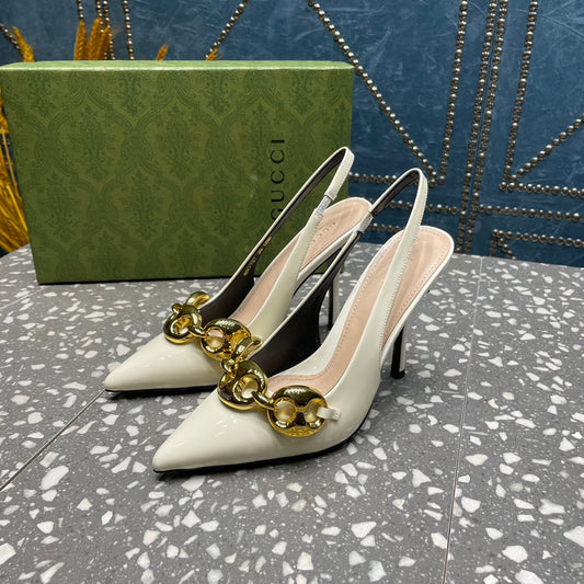 GUCCI WOMEN'S SLINGBACK 10.5 CM IN WHITE CALFSKIN WITH GOLD HARDWARE
