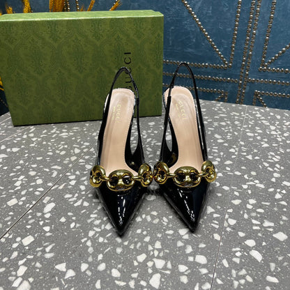 GUCCI WOMEN'S SLINGBACK 10.5 CM IN BLACK CALFSKIN WITH GOLD HARDWARE