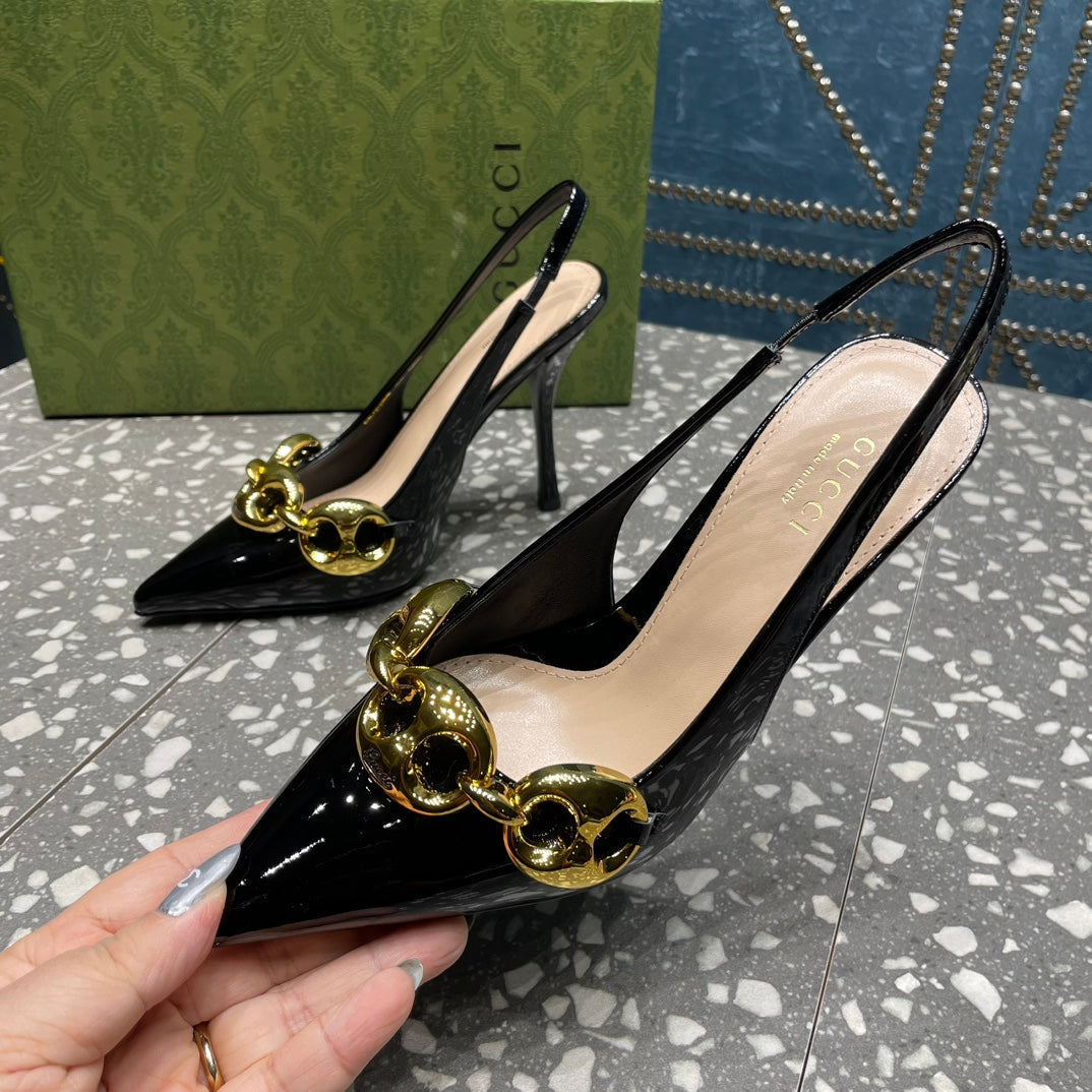 GUCCI WOMEN'S SLINGBACK 10.5 CM IN BLACK CALFSKIN WITH GOLD HARDWARE