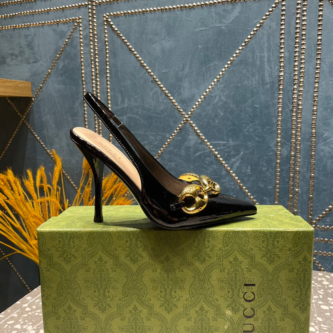 GUCCI WOMEN'S SLINGBACK 10.5 CM IN BLACK CALFSKIN WITH GOLD HARDWARE