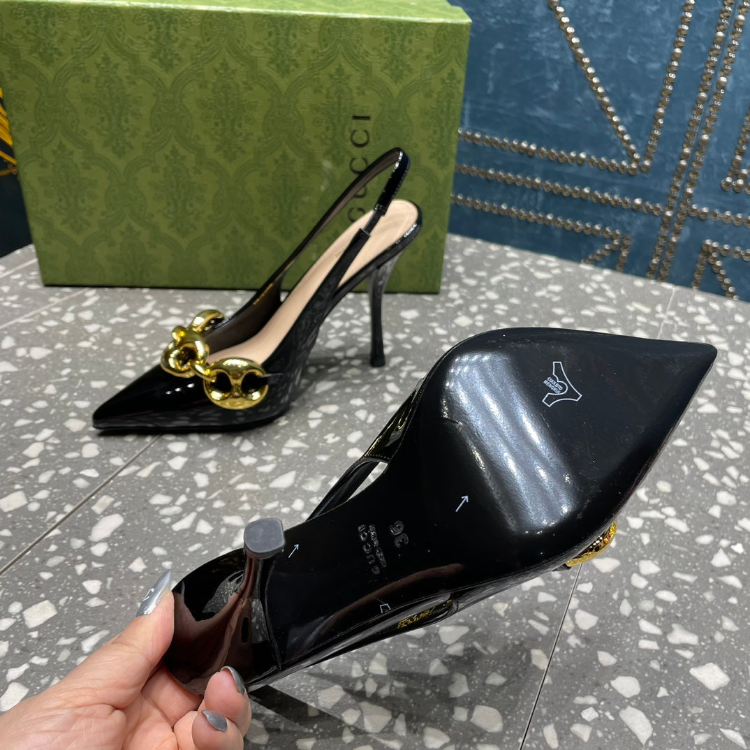 GUCCI WOMEN'S SLINGBACK 10.5 CM IN BLACK CALFSKIN WITH GOLD HARDWARE