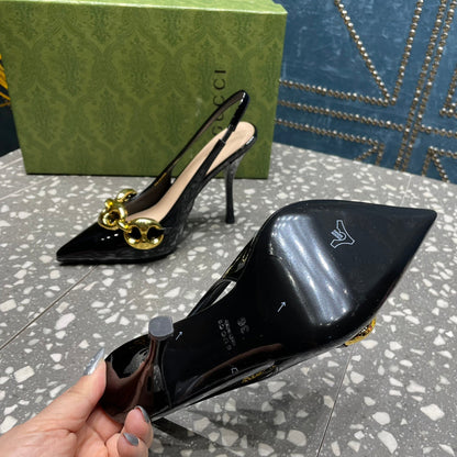 GUCCI WOMEN'S SLINGBACK 10.5 CM IN BLACK CALFSKIN WITH GOLD HARDWARE