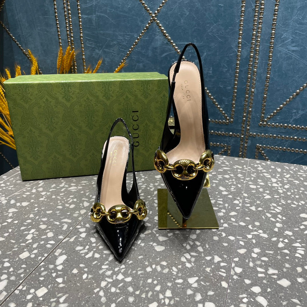 GUCCI WOMEN'S SLINGBACK 10.5 CM IN BLACK CALFSKIN WITH GOLD HARDWARE