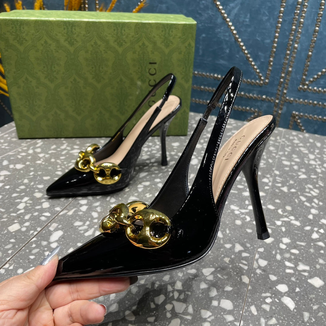 GUCCI WOMEN'S SLINGBACK 10.5 CM IN BLACK CALFSKIN WITH GOLD HARDWARE