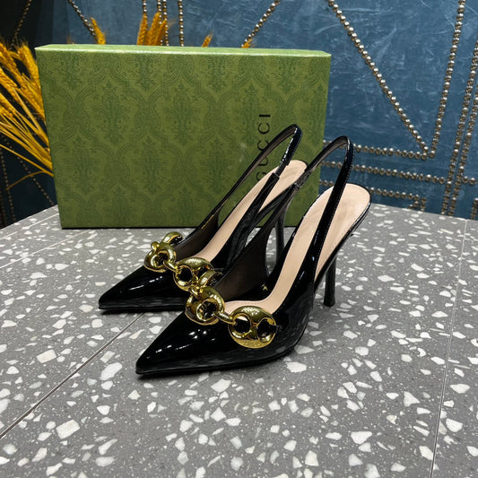 GUCCI WOMEN'S SLINGBACK 10.5 CM IN BLACK CALFSKIN WITH GOLD HARDWARE