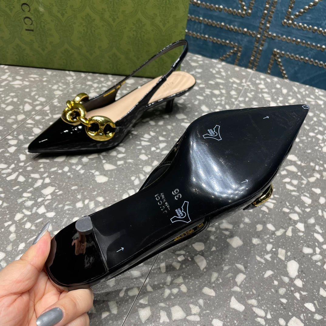 GUCCI WOMEN'S SLINGBACK 45MM IN BLACK CALFSKIN WITH GOLD HARDWARE