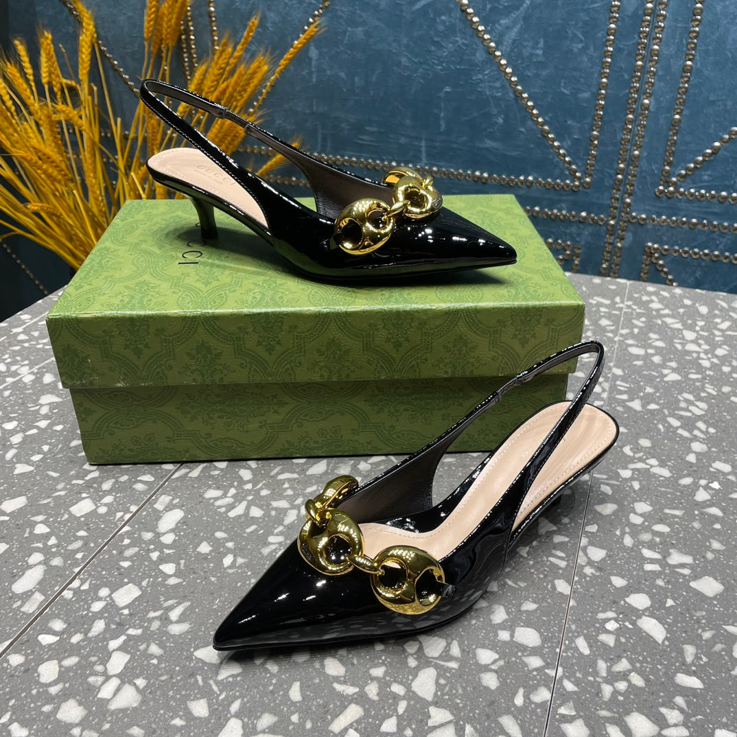 GUCCI WOMEN'S SLINGBACK 45MM IN BLACK CALFSKIN WITH GOLD HARDWARE