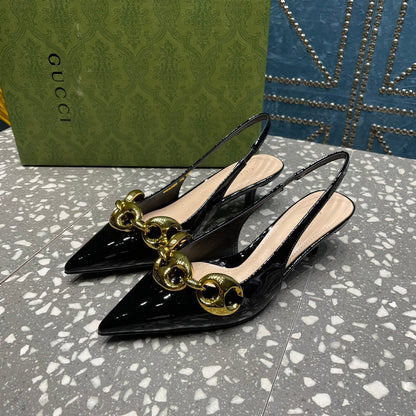 GUCCI WOMEN'S SLINGBACK 45MM IN BLACK CALFSKIN WITH GOLD HARDWARE