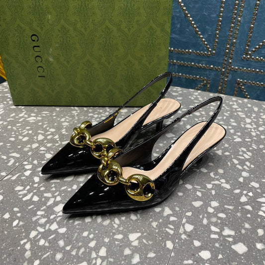 GUCCI WOMEN'S SLINGBACK 45MM IN BLACK CALFSKIN WITH GOLD HARDWARE