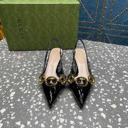 GUCCI WOMEN'S SLINGBACK 45MM IN BLACK CALFSKIN WITH GOLD HARDWARE
