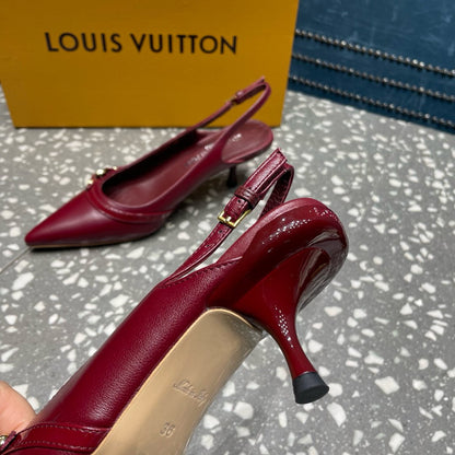 LOUIS VUITTON HIGH HEEL 55 MM SLINGBACKS IN JAM RED SHEEPSKIN