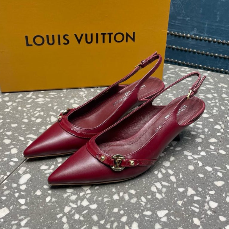 LOUIS VUITTON HIGH HEEL 55 MM SLINGBACKS IN JAM RED SHEEPSKIN