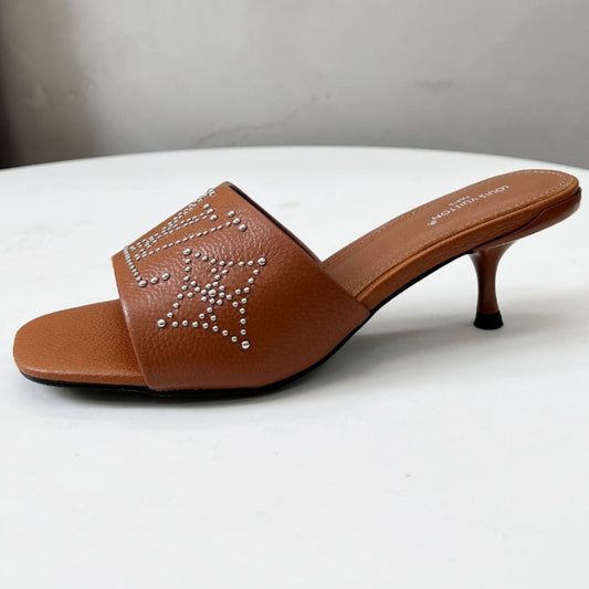 LOUIS VUITTON HIGH MULE IN BRONZE BROWN LAMBSKIN WITH RHINSTONES 55 MM
