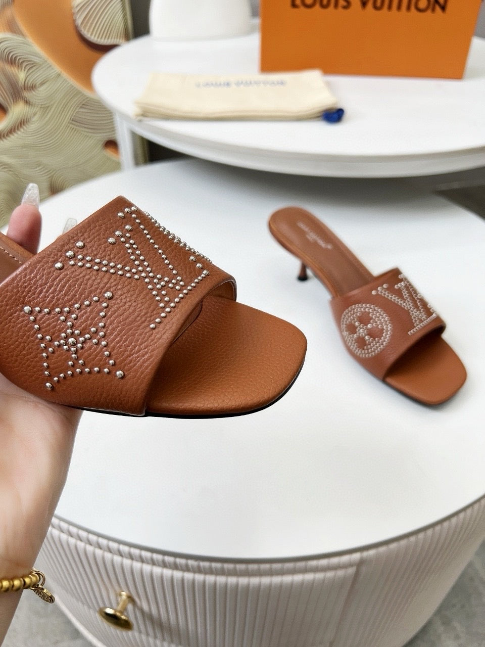 LOUIS VUITTON HIGH MULE IN BRONZE BROWN LAMBSKIN WITH RHINSTONES 55 MM