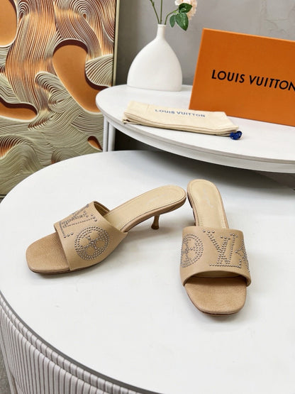 LOUIS VUITTON HIGH MULE IN CAMEL BEIGE LAMBSKIN WITH RHINSTONES 55 MM