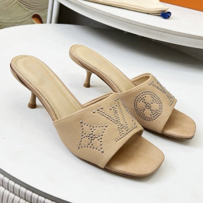 LOUIS VUITTON HIGH MULE IN CAMEL BEIGE LAMBSKIN WITH RHINSTONES 55 MM