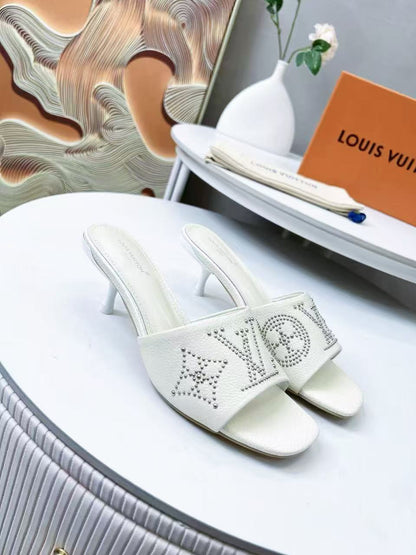 LOUIS VUITTON HIGH MULE IN WHITE LAMBSKIN WITH RHINSTONES 55 MM