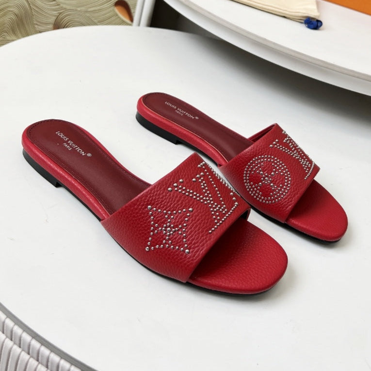 LOUIS VUITTON FLAT SLIDE IN RUBY RED LAMBSKIN WITH RHINSTONES