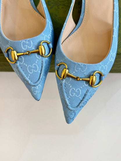 GUCCI HORSEBIT SLINGBACK BALLET FLAT SKY CANVAS