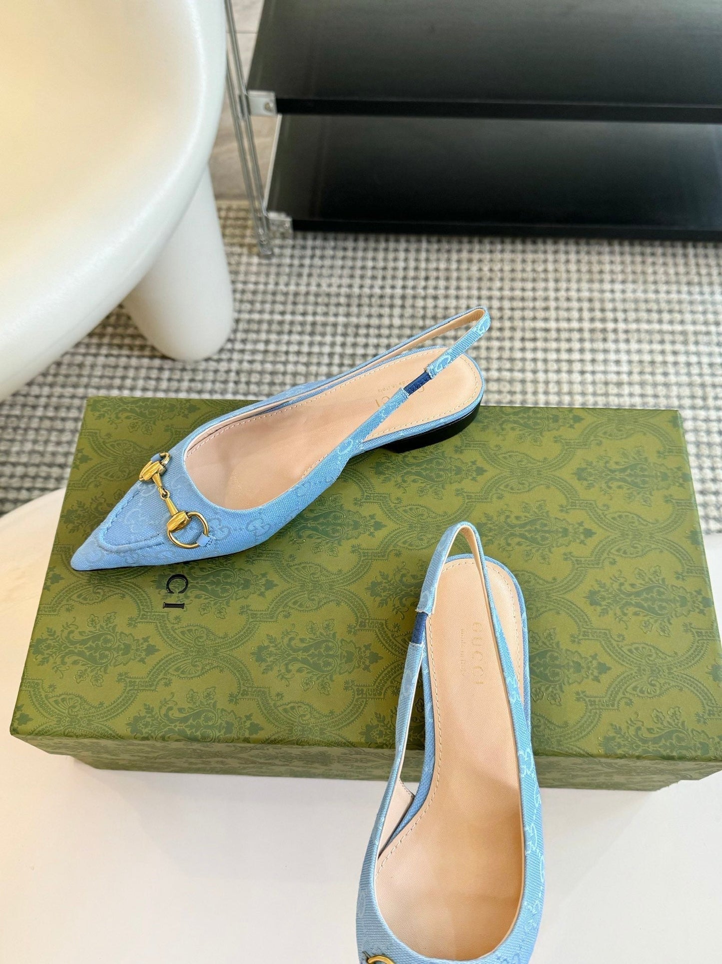 GUCCI HORSEBIT SLINGBACK BALLET FLAT SKY CANVAS