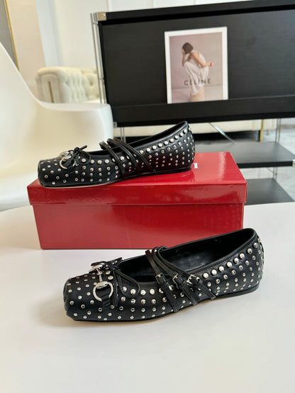 GUCCI RIVETS BALLET FLAT BLACK HORIZONTAL STRAPS LAMBSKIN