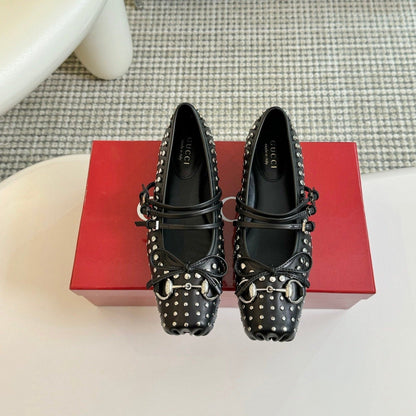 GUCCI RIVETS BALLET FLAT BLACK HORIZONTAL STRAPS LAMBSKIN
