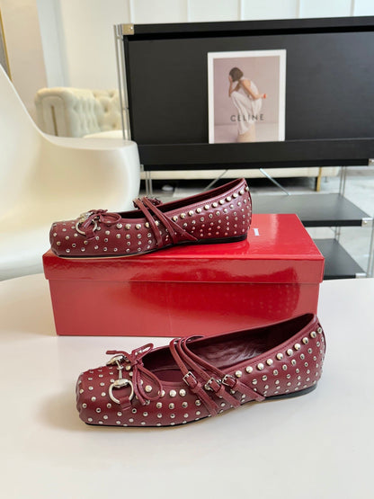 GUCCI RIVETS BALLET FLAT GARNET HORIZONTAL STRAPS LAMBSKIN