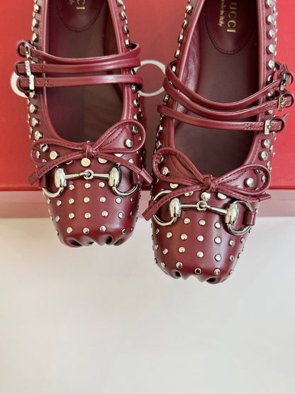GUCCI RIVETS BALLET FLAT GARNET HORIZONTAL STRAPS LAMBSKIN