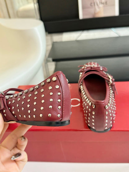 GUCCI RIVETS BALLET FLAT GARNET HORIZONTAL STRAPS LAMBSKIN
