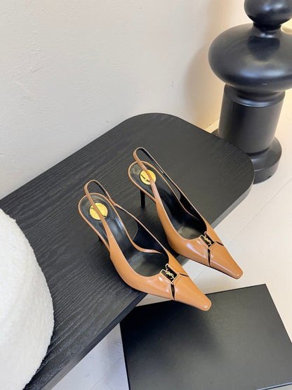 LOUIS VUITTON BABYLONE BRETEUIL SLINGBACK 85 MM PUMPS IN PEANUT BROWN SMOOTH LEATHER