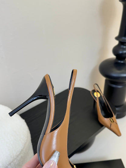 LOUIS VUITTON BABYLONE BRETEUIL SLINGBACK 85 MM PUMPS IN PEANUT BROWN SMOOTH LEATHER